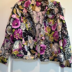 Abstract Colorful Animal Floral Printed Jacket XL Rhinestone Buttons & Pockets
